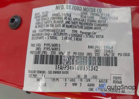 2006 Ford Focus Zx4 from USA, damaged, VIN 1FAFP34N16W151342